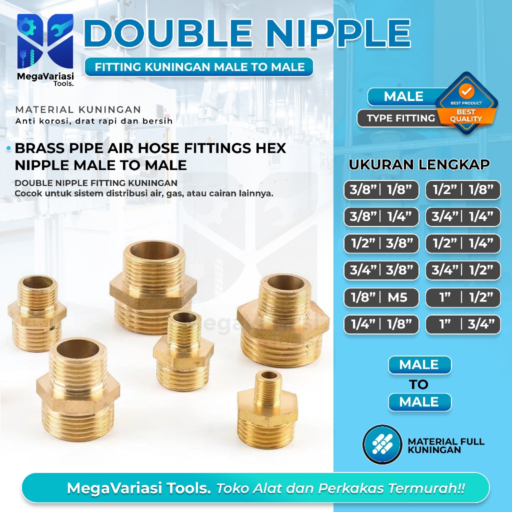 DOUBLE NEPEL KUNINGAN 1/4" x 1/2" x 3/8" DOUBLE NEPEL 1/2" x 1/2" DOUBLE NEPEL 1/4" x 1/4" DOUBLE NE