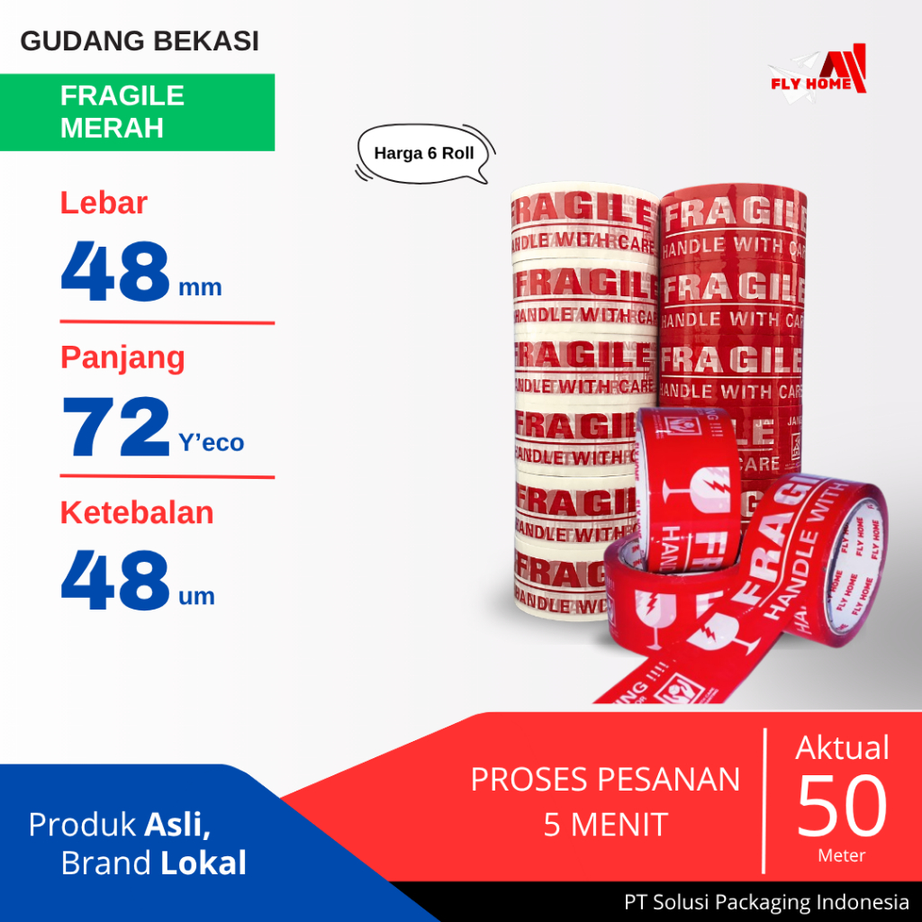 

FLYHOME 6Roll Lakban Fragile Merah 48x72Y 2inci Uk Besar ECO 72 Yard