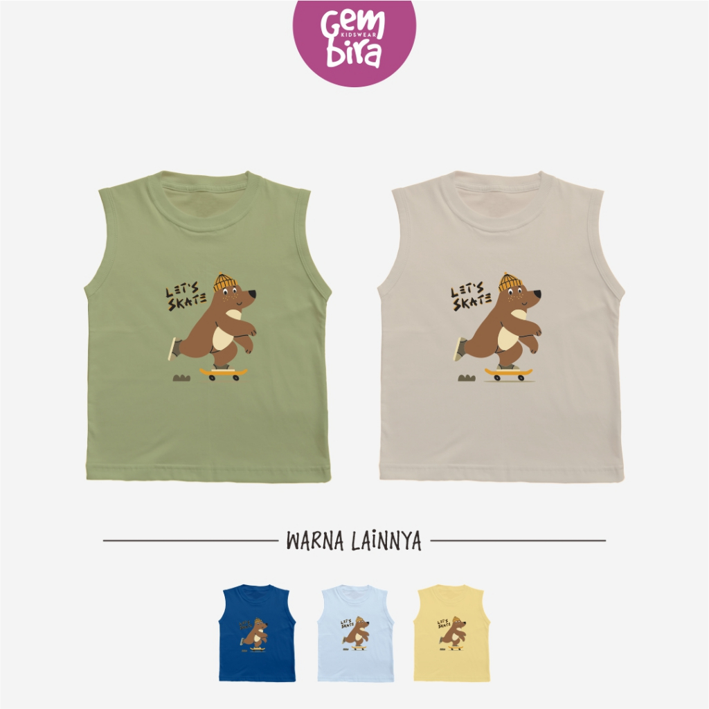 Sleeveless Baju Kaos Singlet Kutung Anak Laki Laki Perempuan Beruang Main Skate Usia 1 2 3 4 5 6 7 8