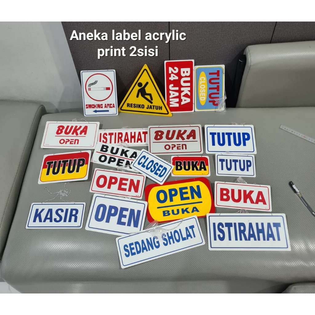 

Acrylic label beraneka ukuran print 2sisi, Buka, Tutup, Istirahat, Kasir, Sedang sholat Dll