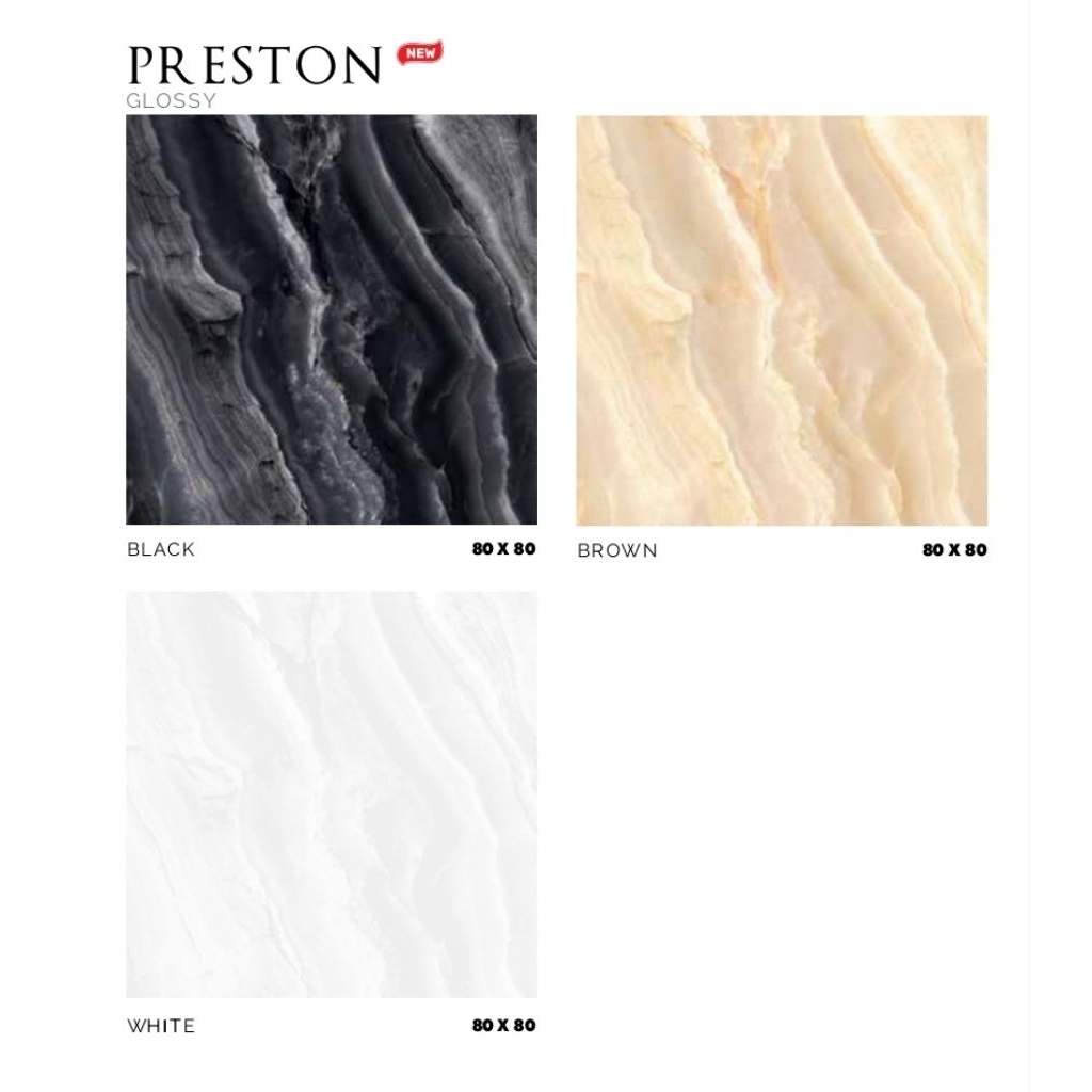 KERAMIK MEREK PLATINUM TYPE PRESTON BLACK, PRESTON BROWN, PRESTON WHITE UKURAN 80X80 GLOSSY