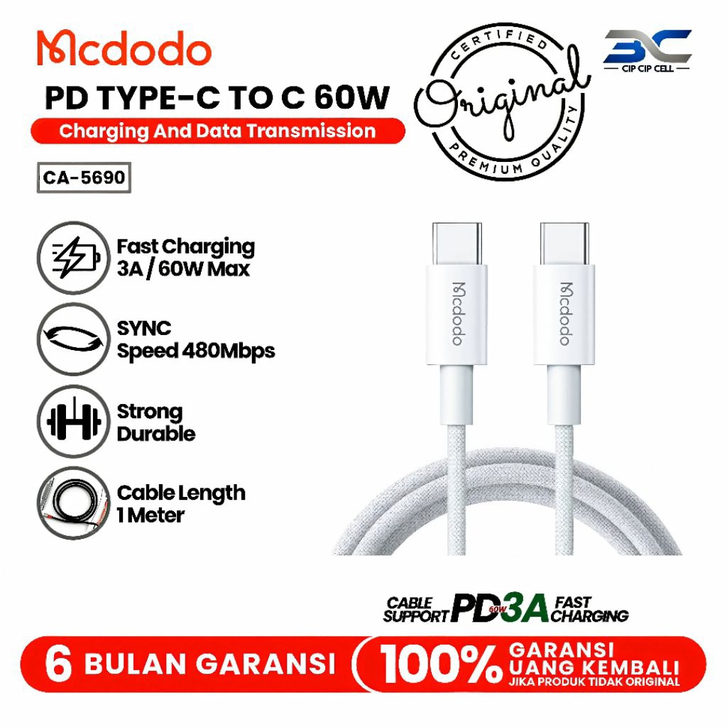 MCDODO Kabel Data Type C to Type C Nylon Braided PD60W Fast Charging CA-5690