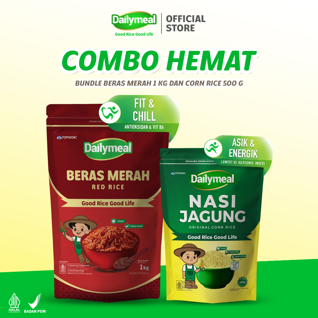

[Combo Hemat] Dailymeal - Corn Rice (Nasi Jagung) 500g & Red Rice (Beras Merah) 1 kg - Perpaduan Sehat untuk Pola Makan Aktif