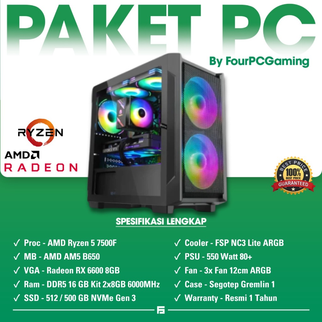 FSGaming PC Komputer Gaming | AMD Ryzen 5 7500F B650M DDR5 16GB RX 6600 RTX 3060 12GB RTX 5060 8GB R