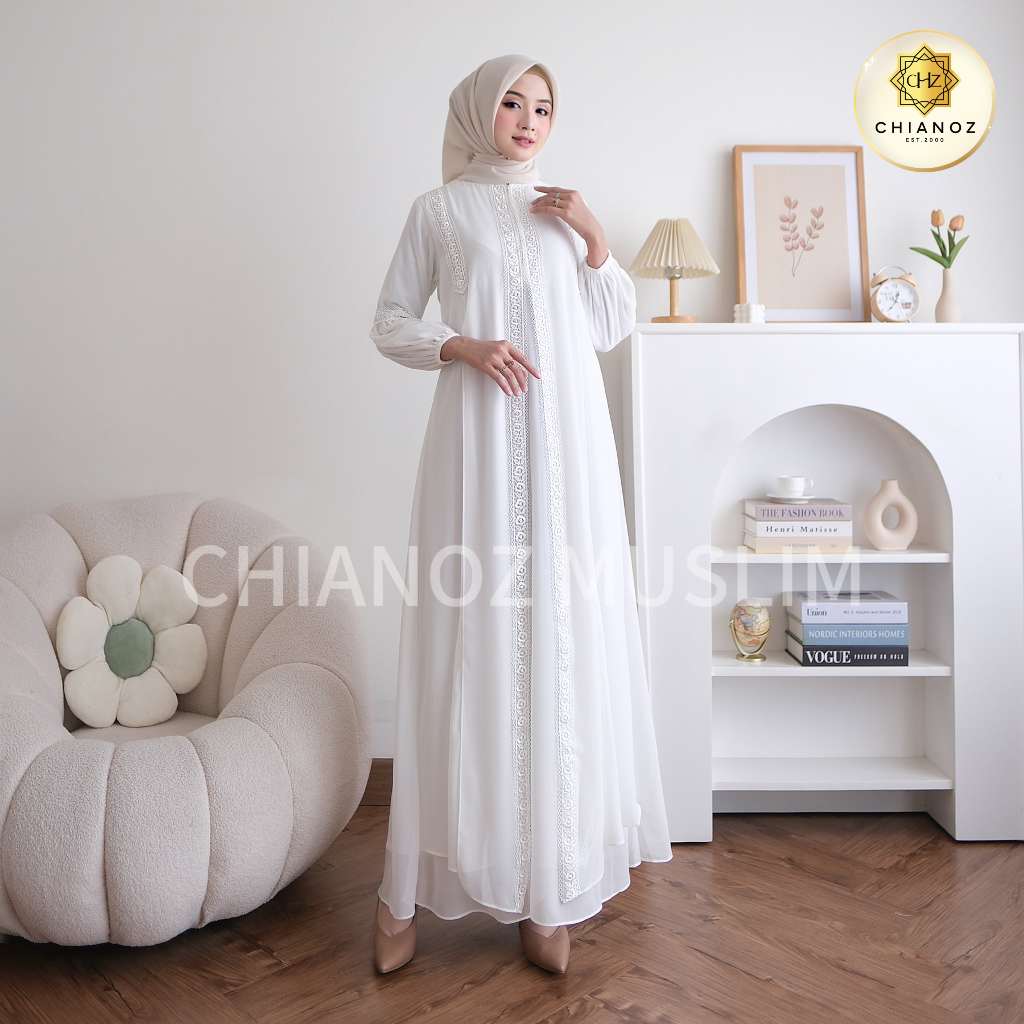 Chianoz Gamis Putih Mewah Dinda Dress Renda Bunga Baju Lebaran Umroh Haji Manasik Pesta Akad 962