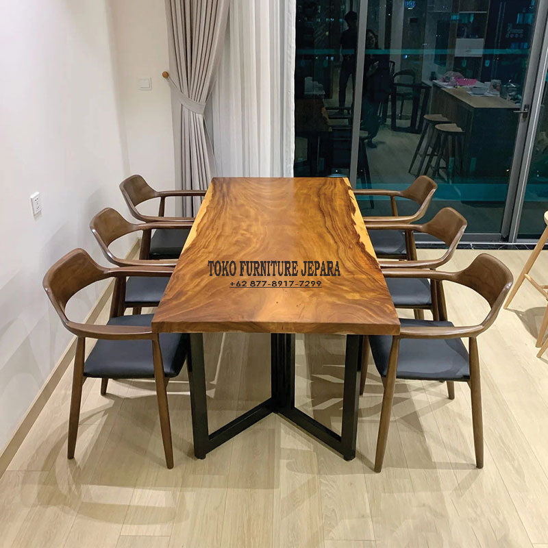 Meja Makan Kayu Trembesi Utuh 6 Kursi Jati Desain Minimalis