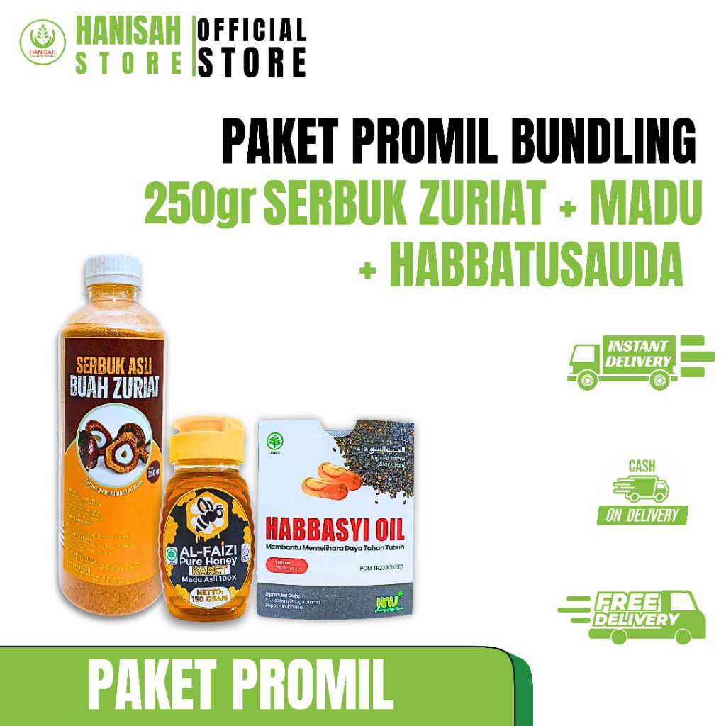 

PAKET PROMIL SERBUK ZURIAT 250 gr - MADU MURNI AL HALIF 150 gr - HABBATUSAUDA HABBASYI 1 blister | Untuk Promil | hanisahstore