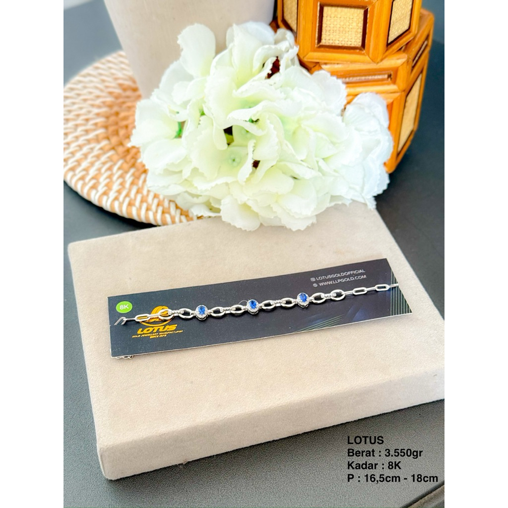 Perhiasan Gelang Emas Putih Cor Lady Diana Blue Sapphire LOTUS 8k/375