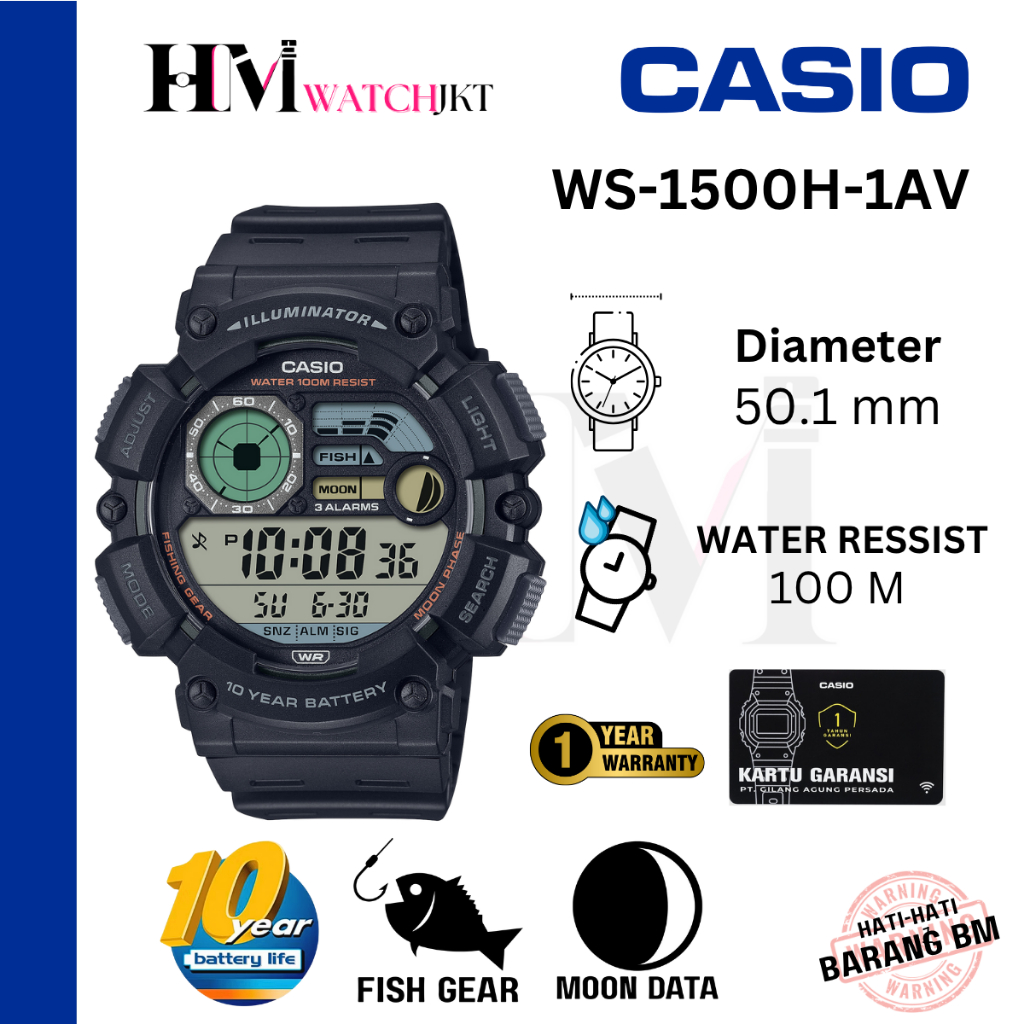 CASIO WS-1500H-1AVDF Jam Tangan Pria Original Digital Antiair Fishing Gear Mancing WS-1500H-1AV WS15