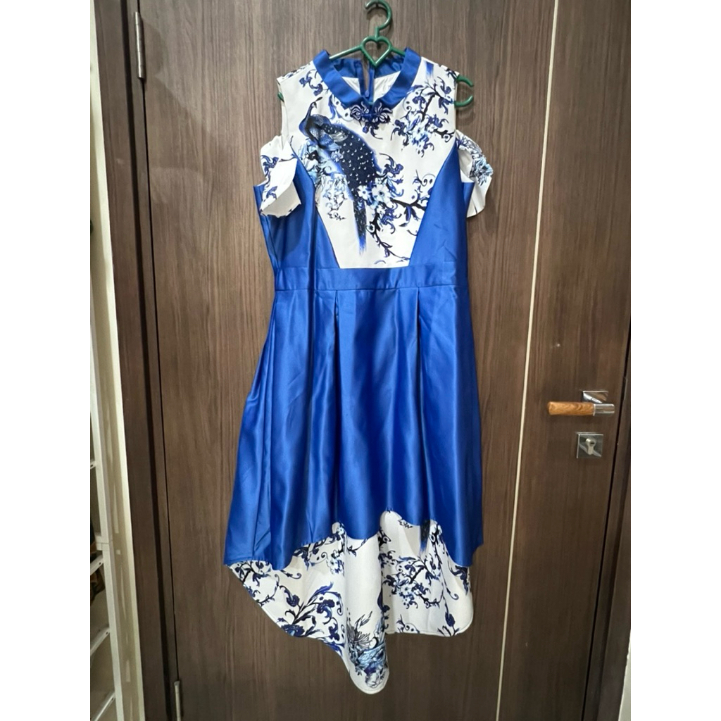 Dress wanita cheongsam biru putih blue white dress