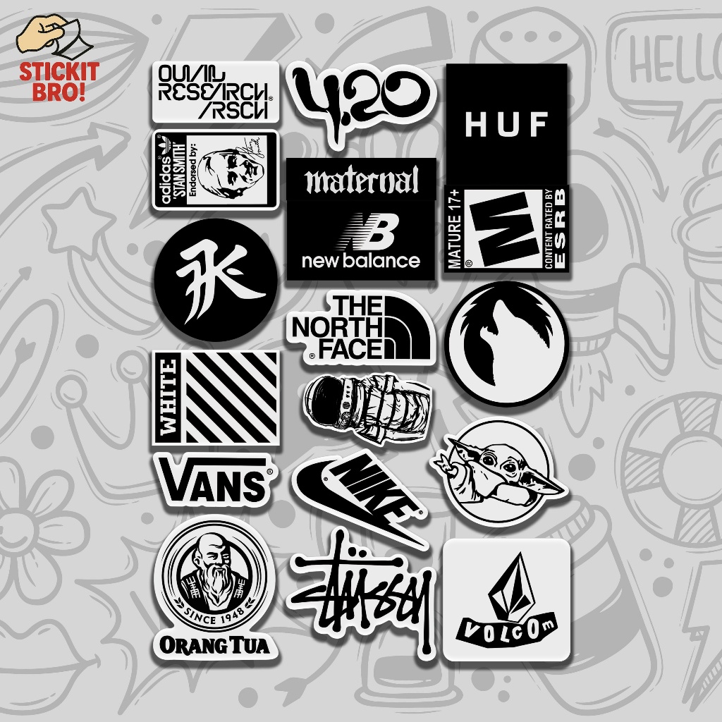 

Sticker Pack BRAND VOL 07 Aesthetic Vynil Anti Air Potongan KissCut Tumblr Helm Laptop BLACK & WHITE