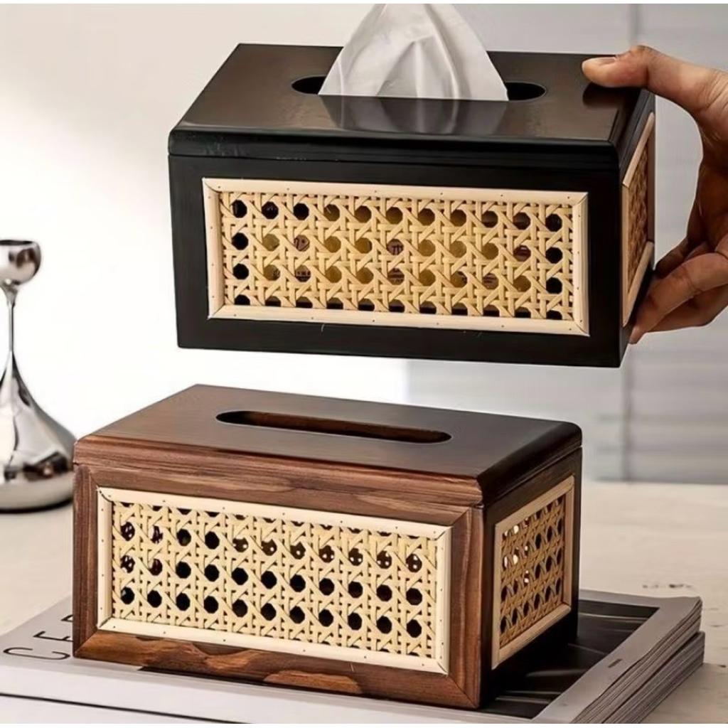 kotak tisu estetik / kotak tisu kayu rotan / tempat tisu estetik