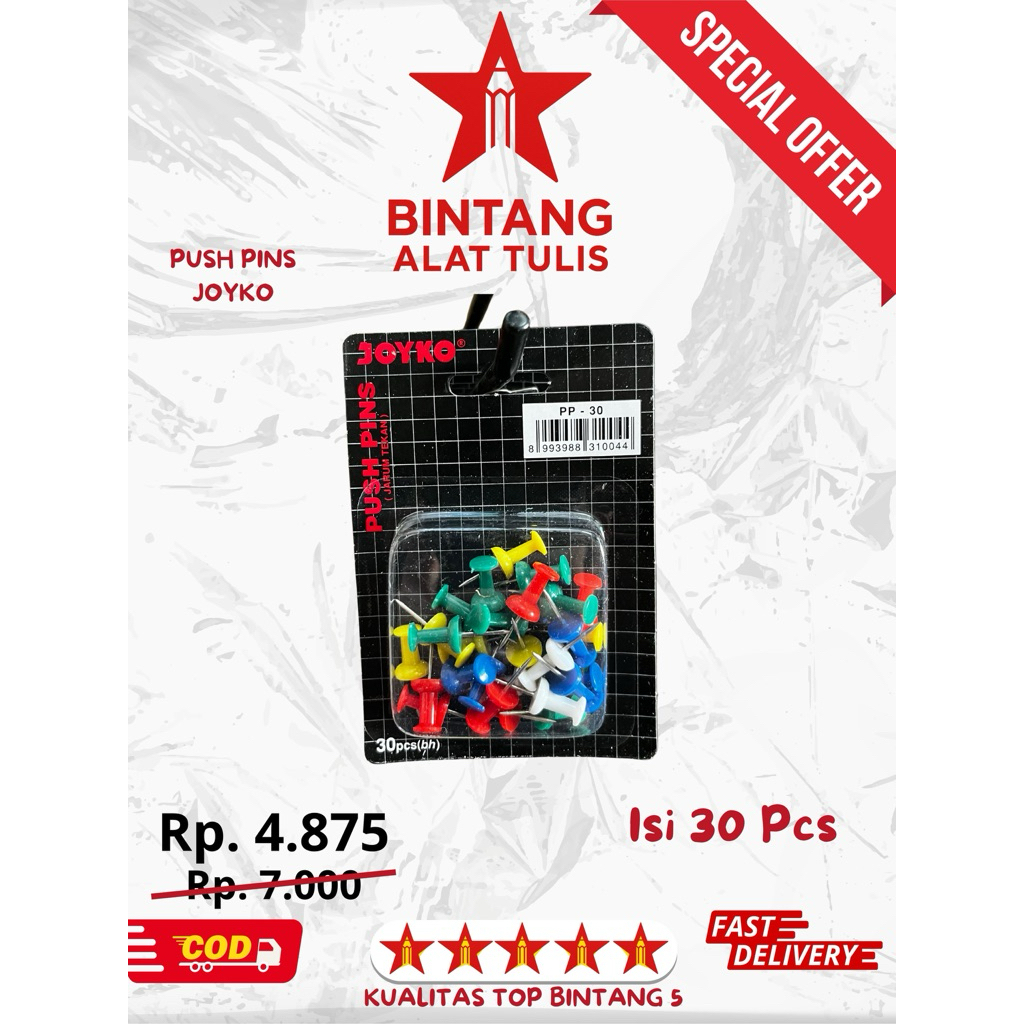 

Push Pin Joyko PP-30 | Paku Peta Warna Warni 30 pcs | Paku Papan Gabus / Cork Board | Paku Jarum Kantor & Sekolah