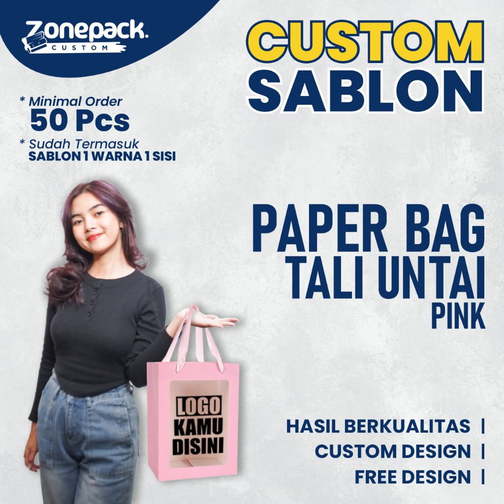 

Sablon PaperBag Tali Untai Pink | Sablon 1 Warna 1 Sisi Custom FREE DESIGN | Hampers Ulang Tahun