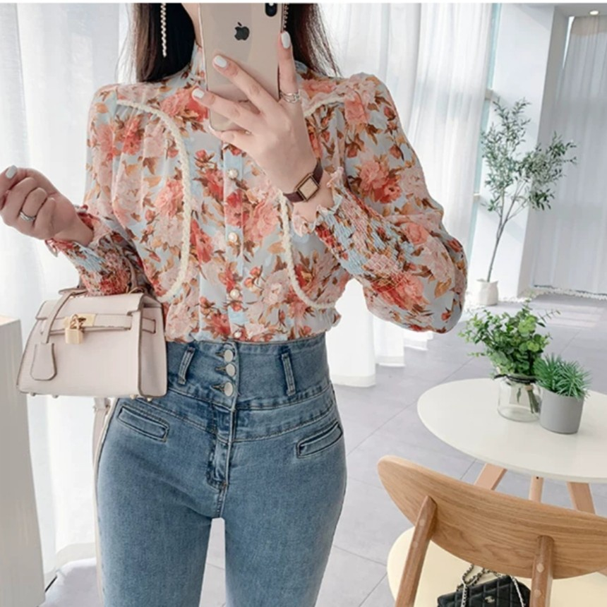 YR 3M 2091 BLOUSE MELROSE SMOCKED SLEEVE SHIRT FASHION PREMIUM IMPORT THREE M TM