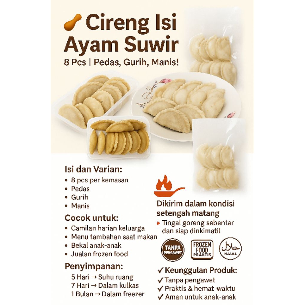 

Cireng Isi Ayam Suwir Pedas, Ayam suwir Original, Usus Pedas, Sosis, Keju – Frozen Siap Goreng | Gurih, Lumer, Nagih!, Tanpa Pengawet