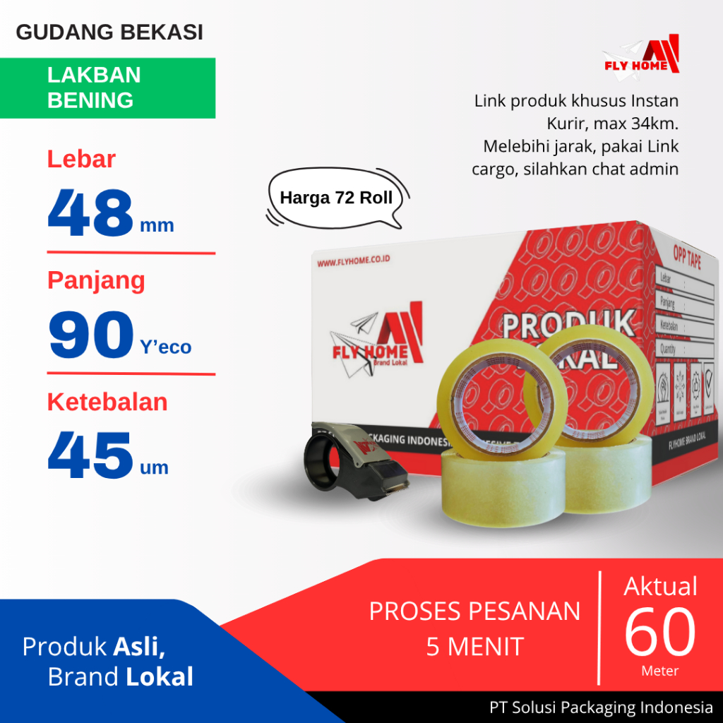 

FLYHOME 1Dus Lakban Bening 48x90Y 2inchi Solasi Uk Besar 72Roll ECO 90 yard INSTAN