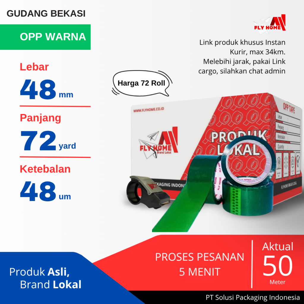 

FLYHOME 1Dus Lakban Warna Hijau 48x72Y 2inchi 72 Yard INSTAN