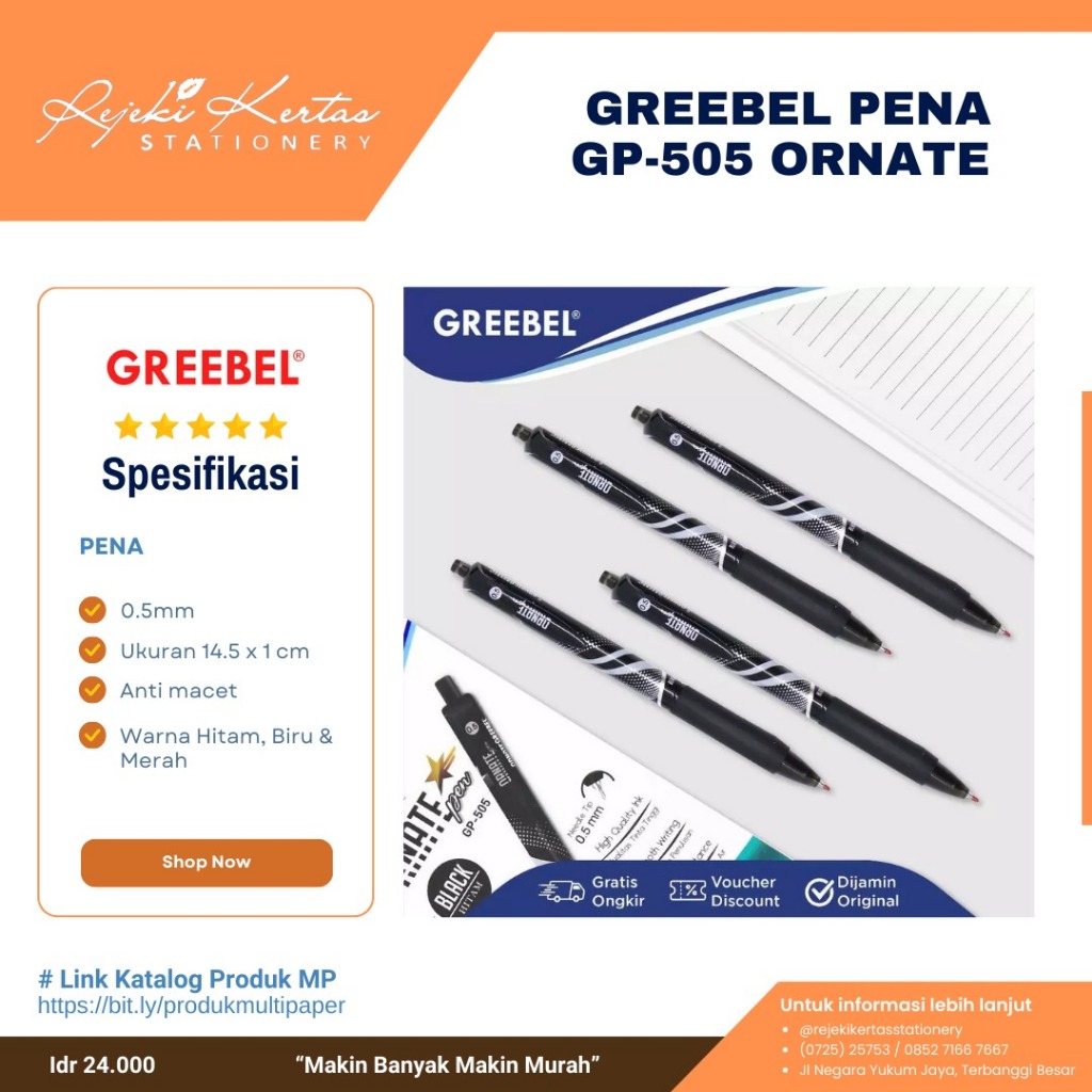 

Greebel Pena GP-505 Ornate 0,5mm 1Pak isi 12 Warna Hitam Biru Merah