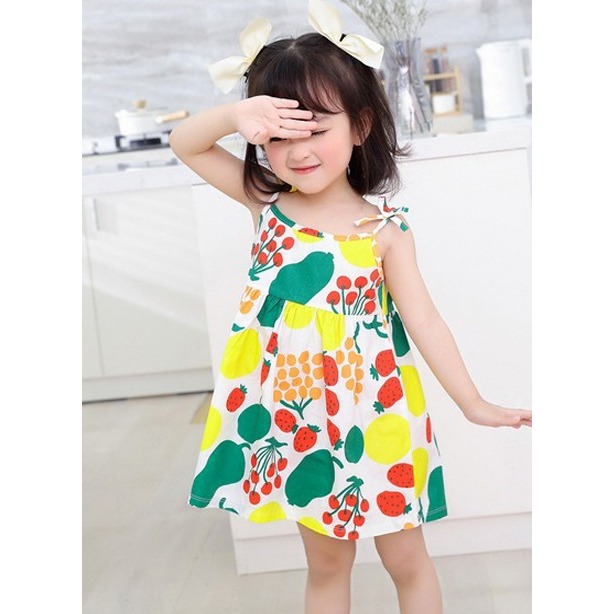 DRESS ANAK PEREMPUAN MODEL TALI KECIL RUFFLE MOTIF RANDOM HOMEWEAR