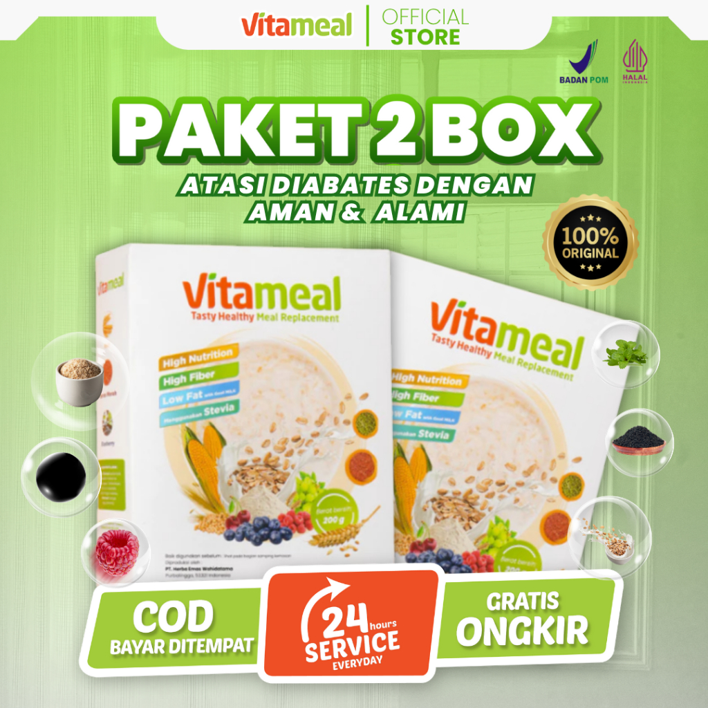 

[DIJAMIN] Vitameal - Paket 2 Box Top Sereal Bergizi untuk Sarapan Sehat Aman untuk Diabetes Pencernaan Menjaga Kesehatan Jantung dan Pencernaan Ampuh Menstabilkan Gula Darah Dalam 14 Hari Mencegah Kolesterol Asam Lambung Gerd VITAMIEAL GERD