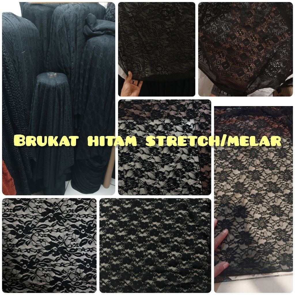 Kain/Bahan/BRUKAT STRETCH/MELAR/KHUSUS HITAM/Garmen/Impor