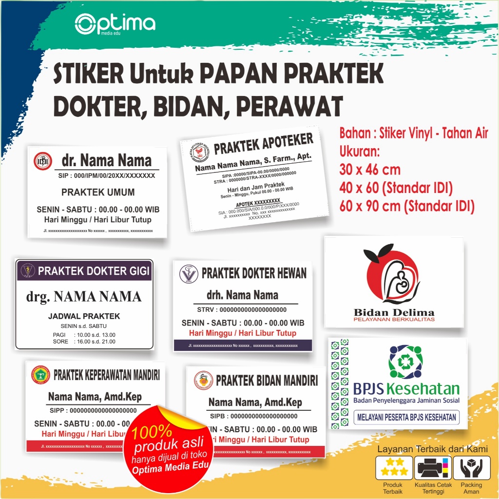 

Cetak Stiker Praktek Dokter, Perawat, Bidan, Apoteker, Spesialis Untuk Praktek Mandiri, Klinik, dll
