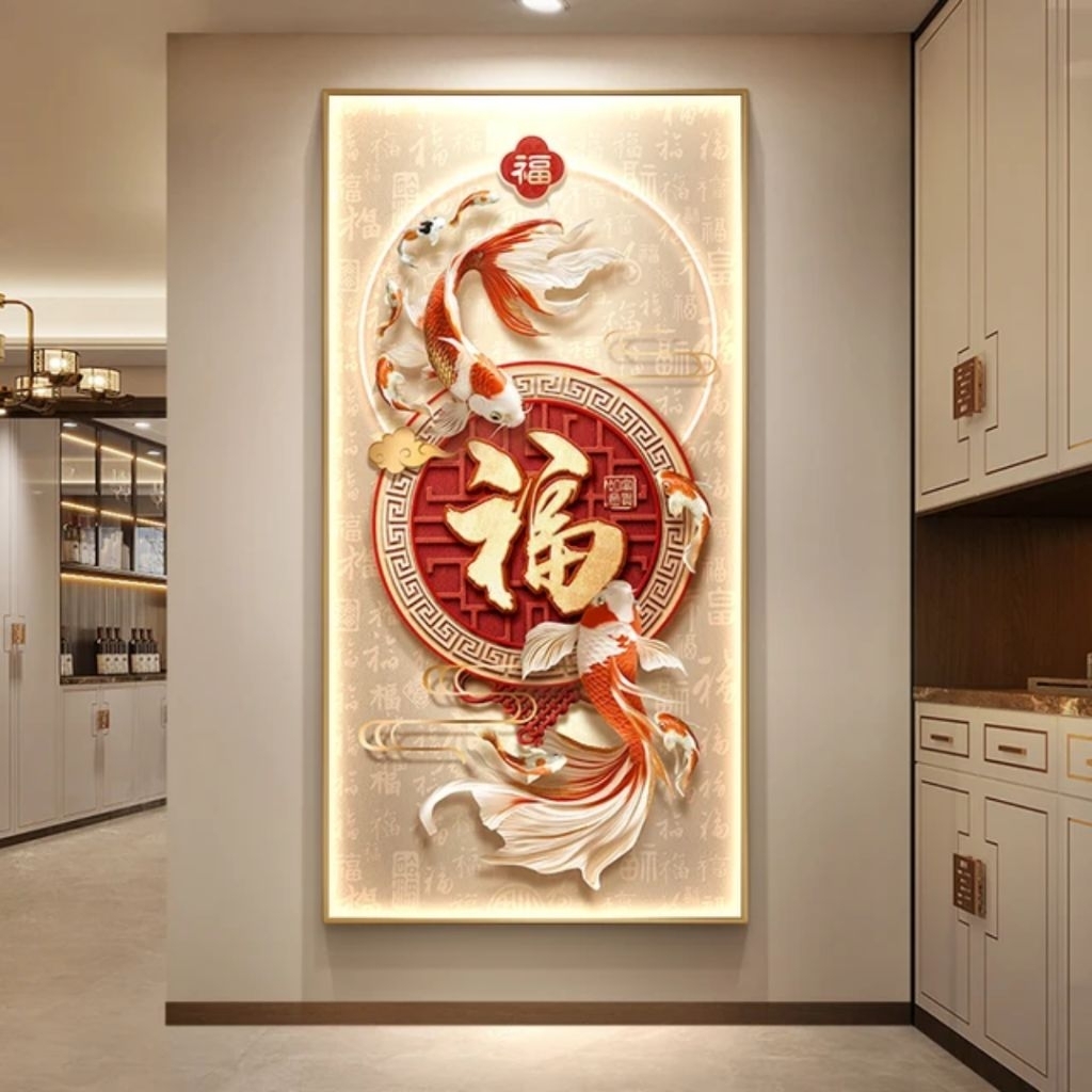 KOKOPAINTING Lukisan Porcelain Diamond Painting LED Crystal 5 Dimensi Motif Ikan Koi Kaligrafi FU HO