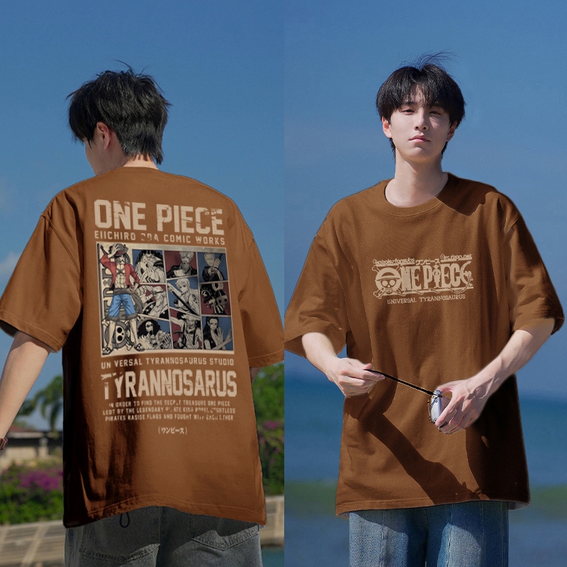 PUERTO Kaos Pria Distro Original 100%  Cetakan Cartoon One Piece Luffy Baju Oversize Pria Retro T-sh