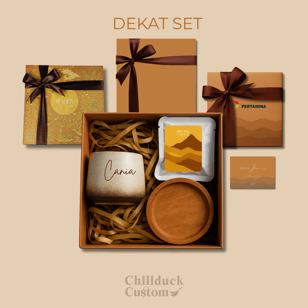 Gift Set DEKAT Custom mug ceramic coffee set | Hardbox Eksklusif + Nama/Logo | Kado Ulang Tahun, Sou