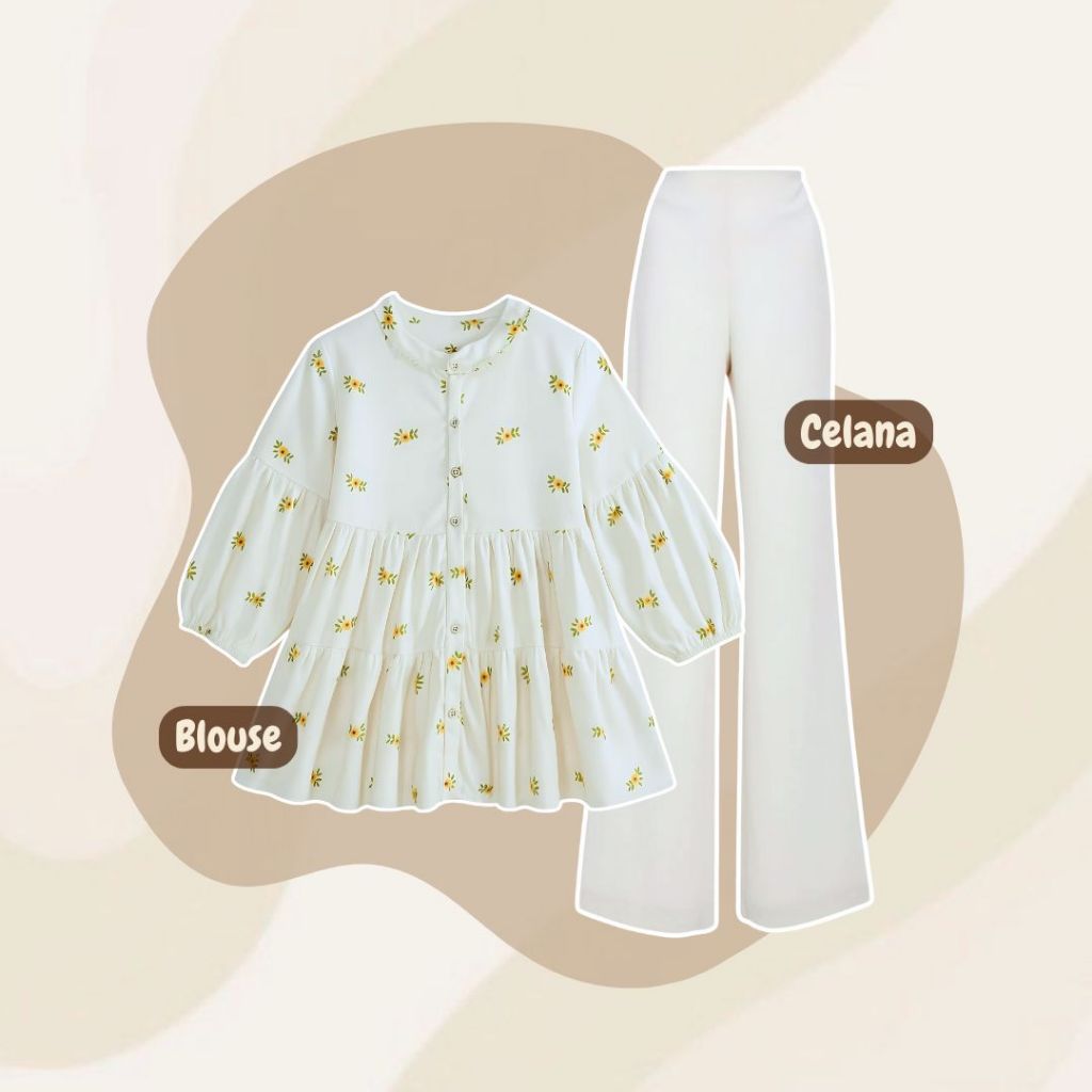 One Set 3In1 Blouse Celana Cutbray Hijab Segi Empat Bella Ootd Outfit Wanita Cewek Anak Remaja Hijab