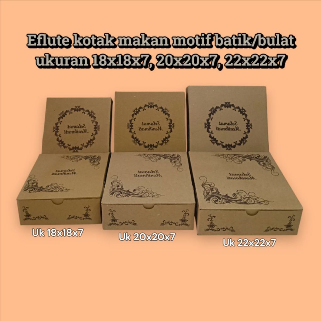 

Box eflute kotak makan motif batik/bulat uk 18x18x7, uk 20x20x7, uk 22x22x7 (isi 50pcs)
