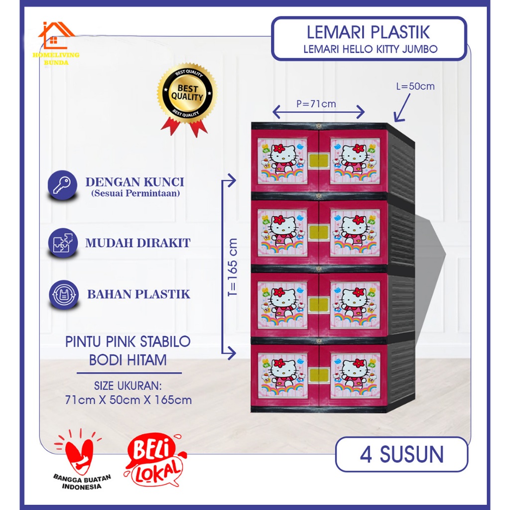 Lemari Jumbo Lemari Pakaian Lemari Plastik 4 Susun Kunci HELLO KITTY 4 SUSUN ( KITTY4SSNK )
