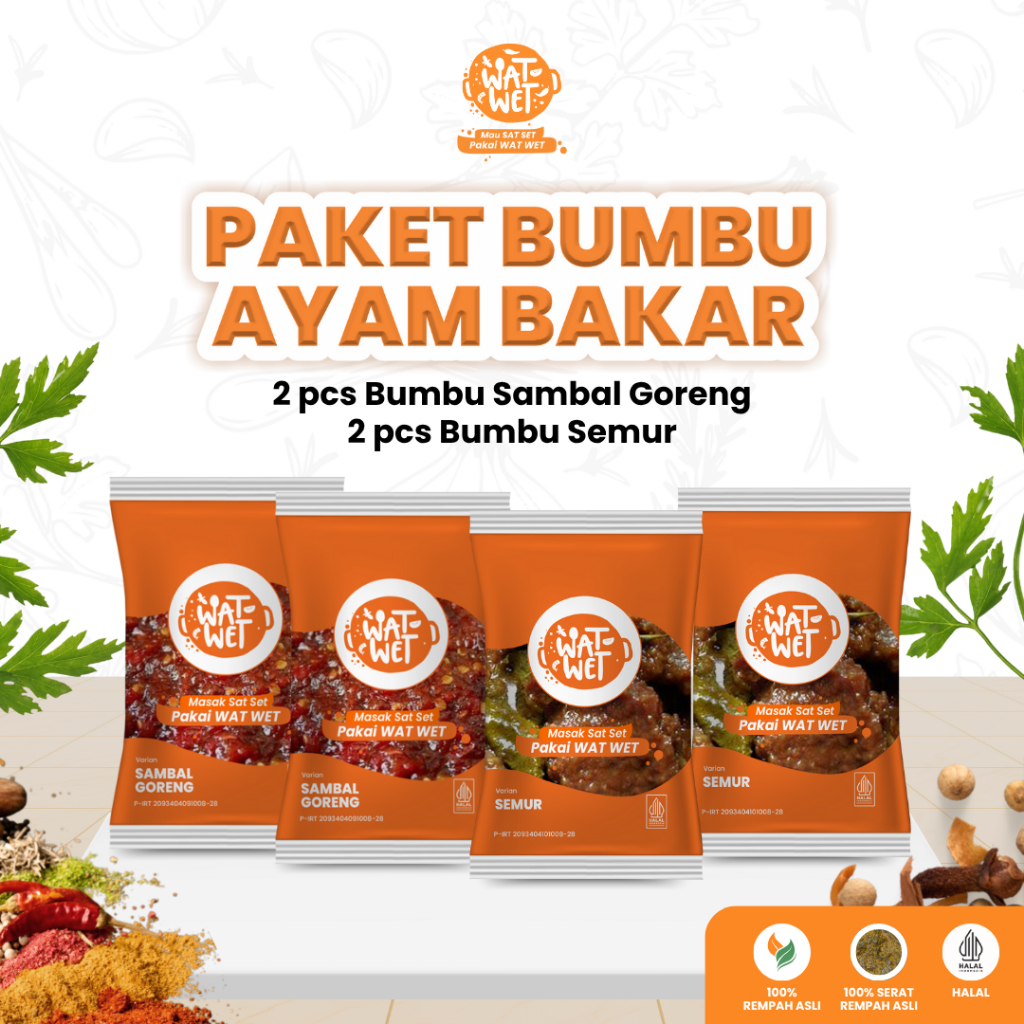 

[PAKET BUMBU HACK AYAM BAKAR – Bumbu Masak Instan Semur & Sambal Goreng] WAT WET – Bumbu Masak Siap Pakai | Praktis & Instan | Isi 4 pcs (2 Varian: Semur & Sambal Goreng)
