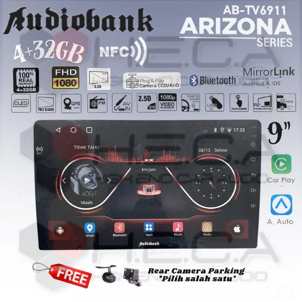 Audiobank ARIZONA Series NFC 4/32 GB Android 9" Inch Head Unit AB-TV6911 Double Din Tape Mobil + Kam