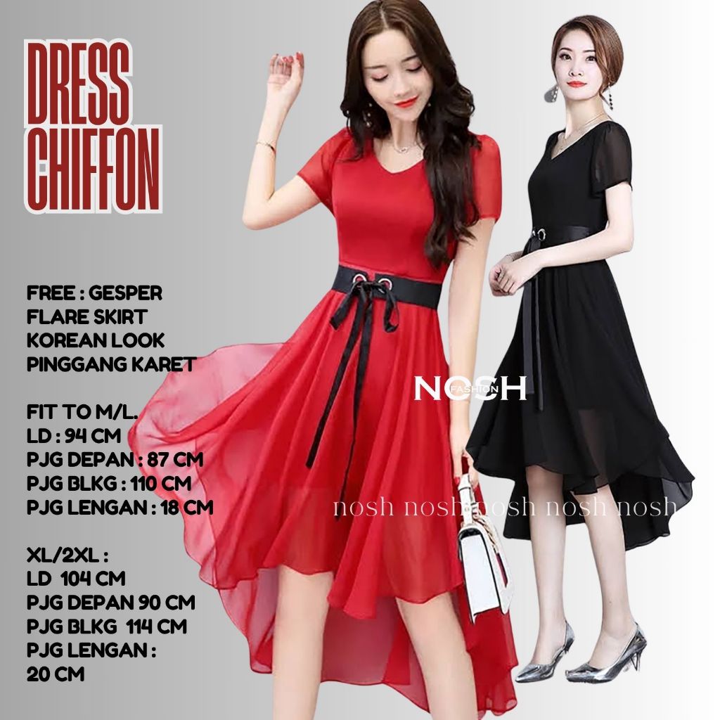 Midi Dress Korea lengan pendek sifon Moody  NOSH FASHION / Terusan Dress Midi Sifon