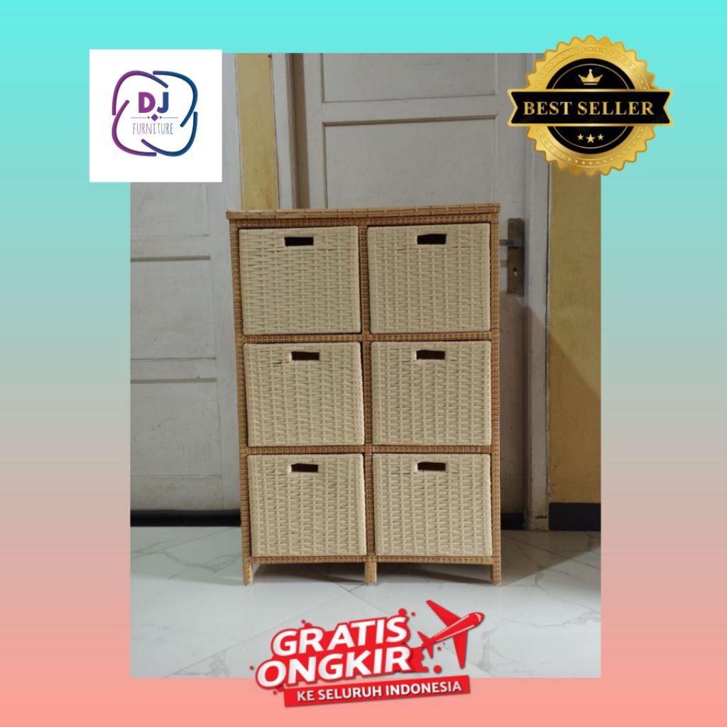 (Ready Stock) Lemari Rak Rotan Sintetis 3 susun Laci 6