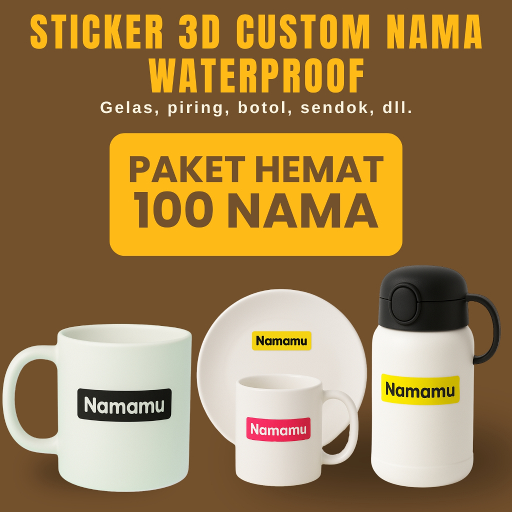 

100 Pcs Stiker Barang Perabotan Custom Nama Piring Sendok Botol Gelas timbul waterproof label