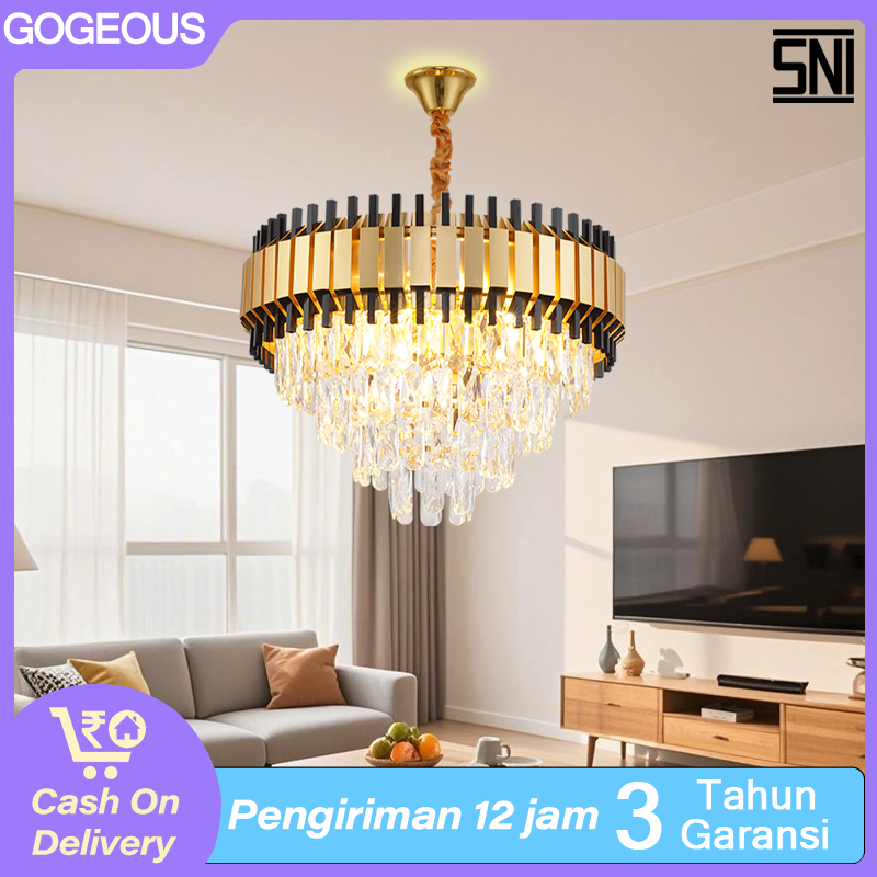 Lampu Gantung Kristal Tamu Mewah Emas LED Ruang Tamu 3 Warna Lampu Gantung Kristal Hias