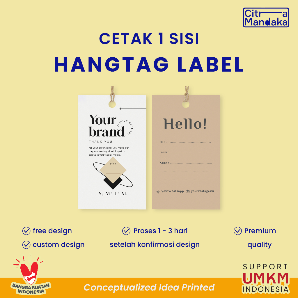 

Cetak Hang Tag Custom 1 Sisi Label Nama Baju Aesthetic | Hampers | Souvenir Free Design