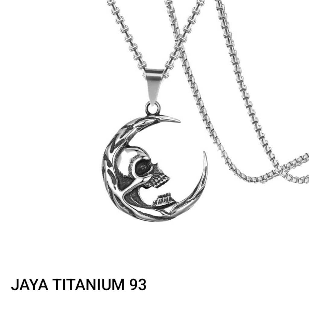 KALUNG RANTAI TITANIUM LIONTIN BULAN TENGKORAK PRIA WANITA ANTI KARAT
