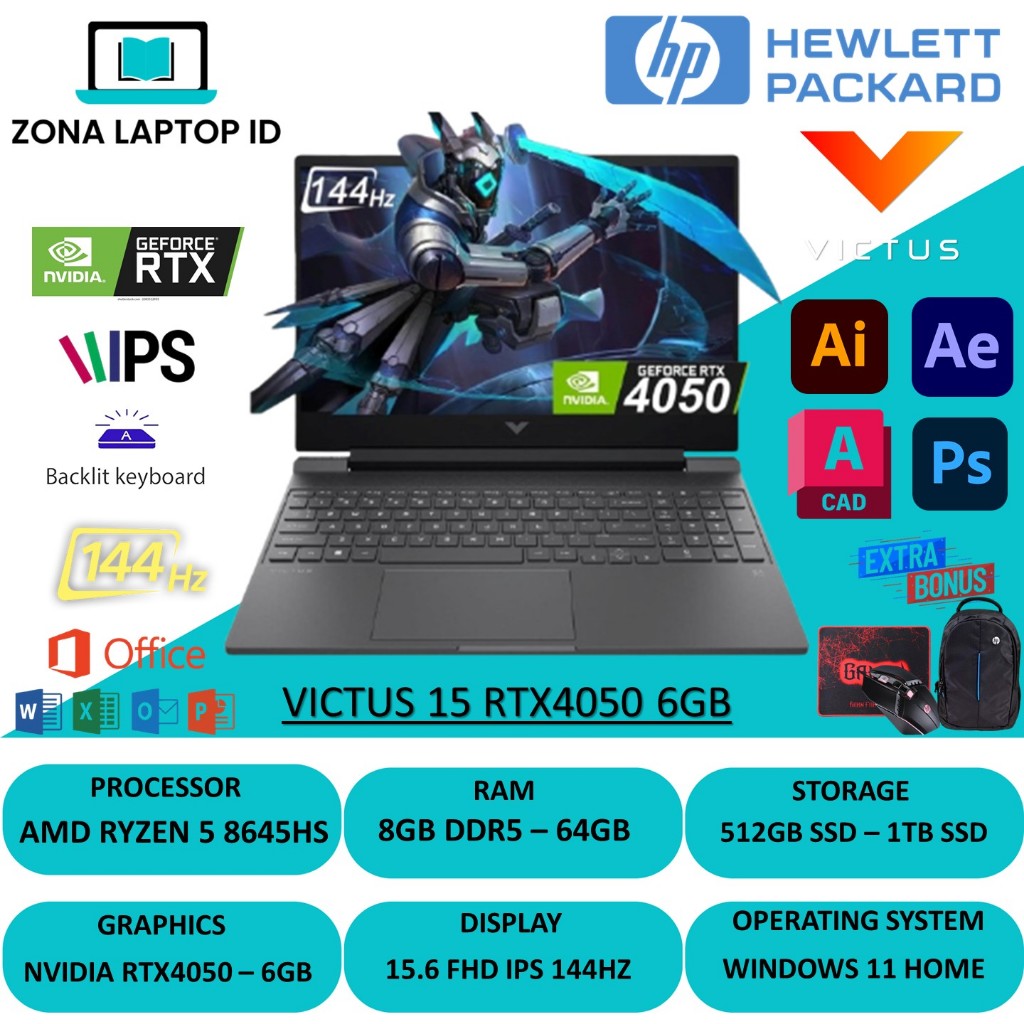 HP Victus 15 Gaming Ryzen 5 8645HS RTX4050 Ram 16GB SSD 1TB Full HD IPS 144Hz Windows 11 Terbaru