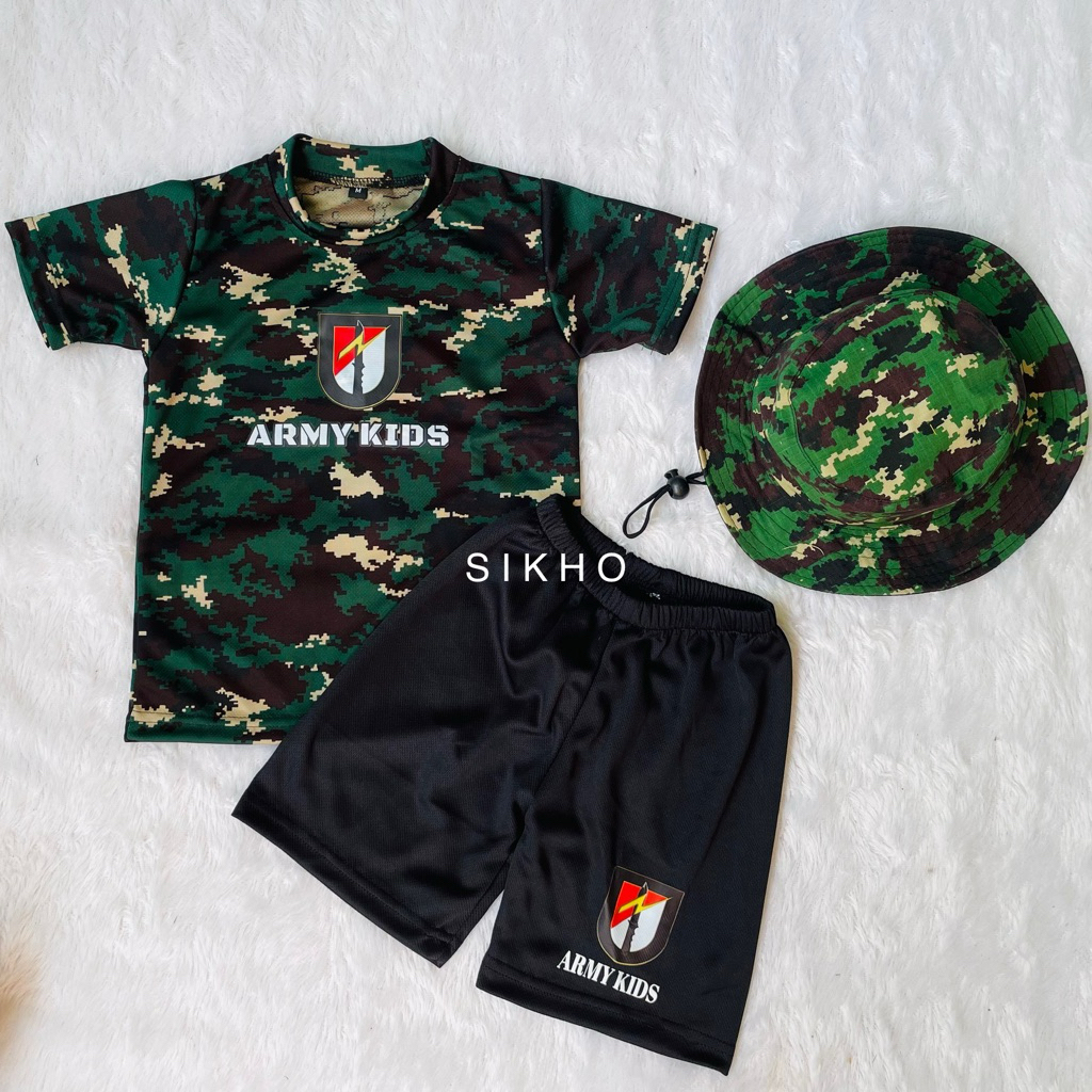 Setelan anak army kids set baju loreng celana dan topi rimba usia 1-8 tahun