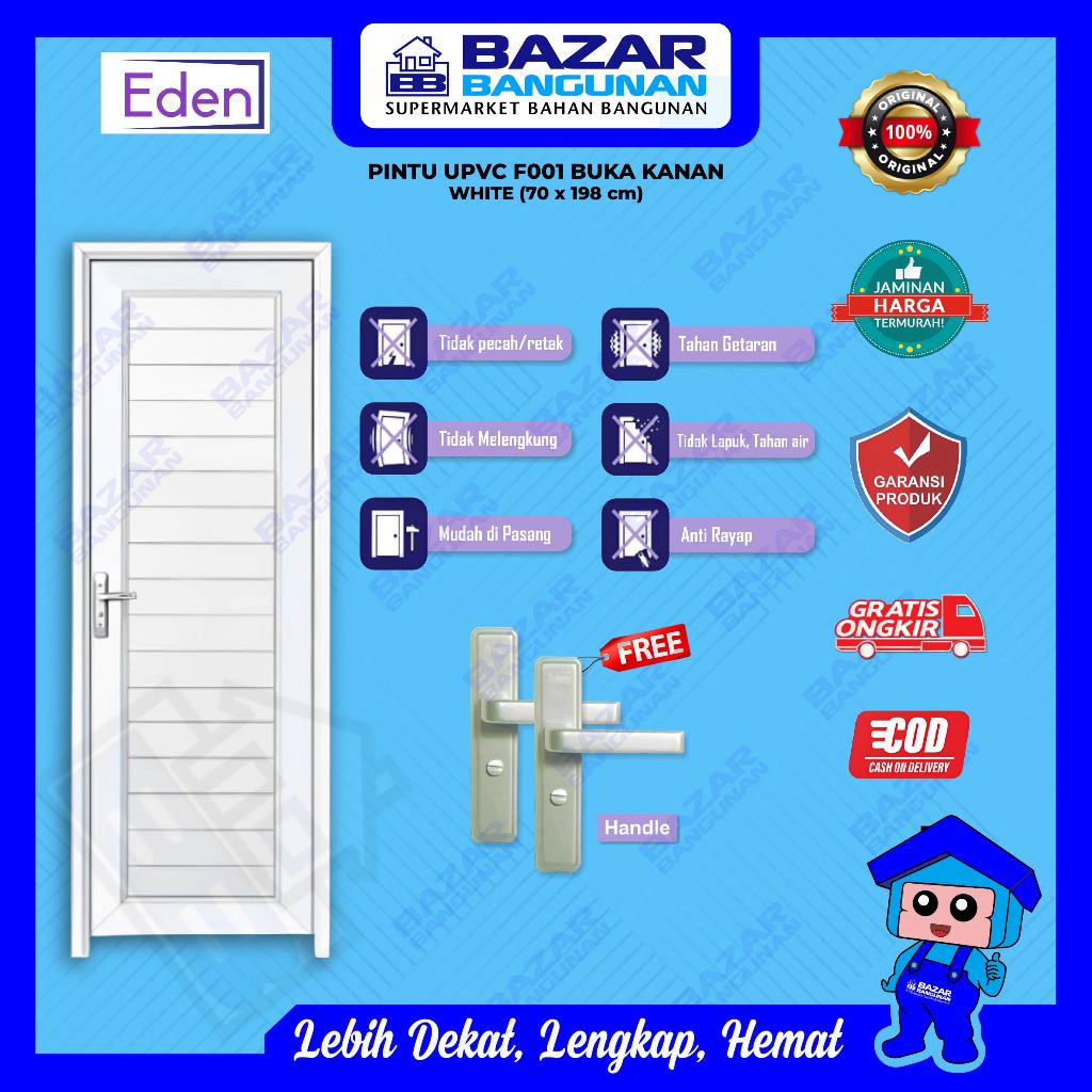 Eden - Pintu Kamar Mandi Toilet WC Kana F001 UPVC White Putih 70x198 Handle Kiri dan Buka Kanan