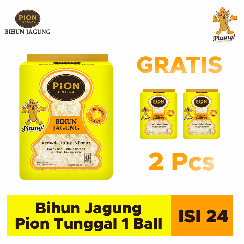 

BIHUN JAGUNG PION TUNGGAL KUNING 140 GRAM 1 BALL - ISI 24 (GRATIS 2 PCS )