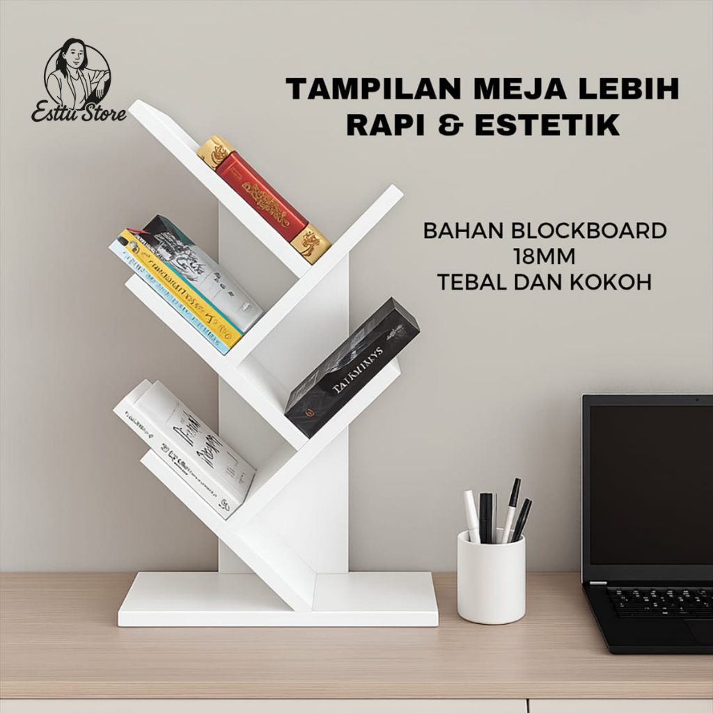 Rak Buku Portable Minimalis 60cm | Rak Meja Kantor & Rumah Rak Pajangan Kayu Estetik