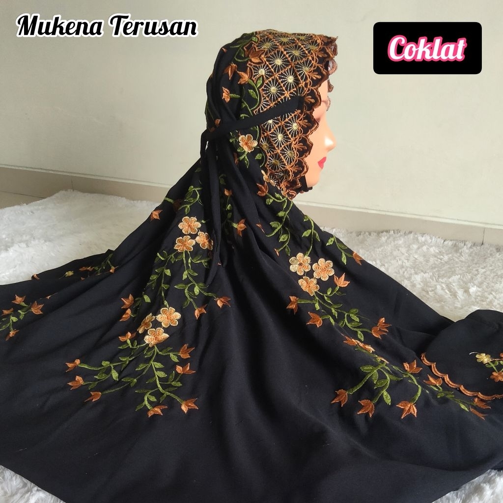Mukena Dewasa Lajuran/Lajur Bordir Terusan langsungan Warna hitam Mukenah katun adem