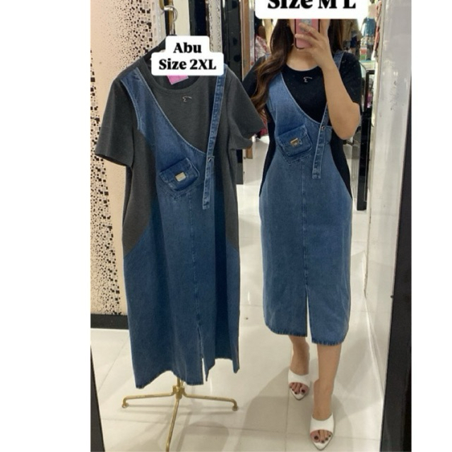 Dress Midi Jeans Kombinasi Kaos//Dress Wanita Jeans Kombinasi Kaos Midi