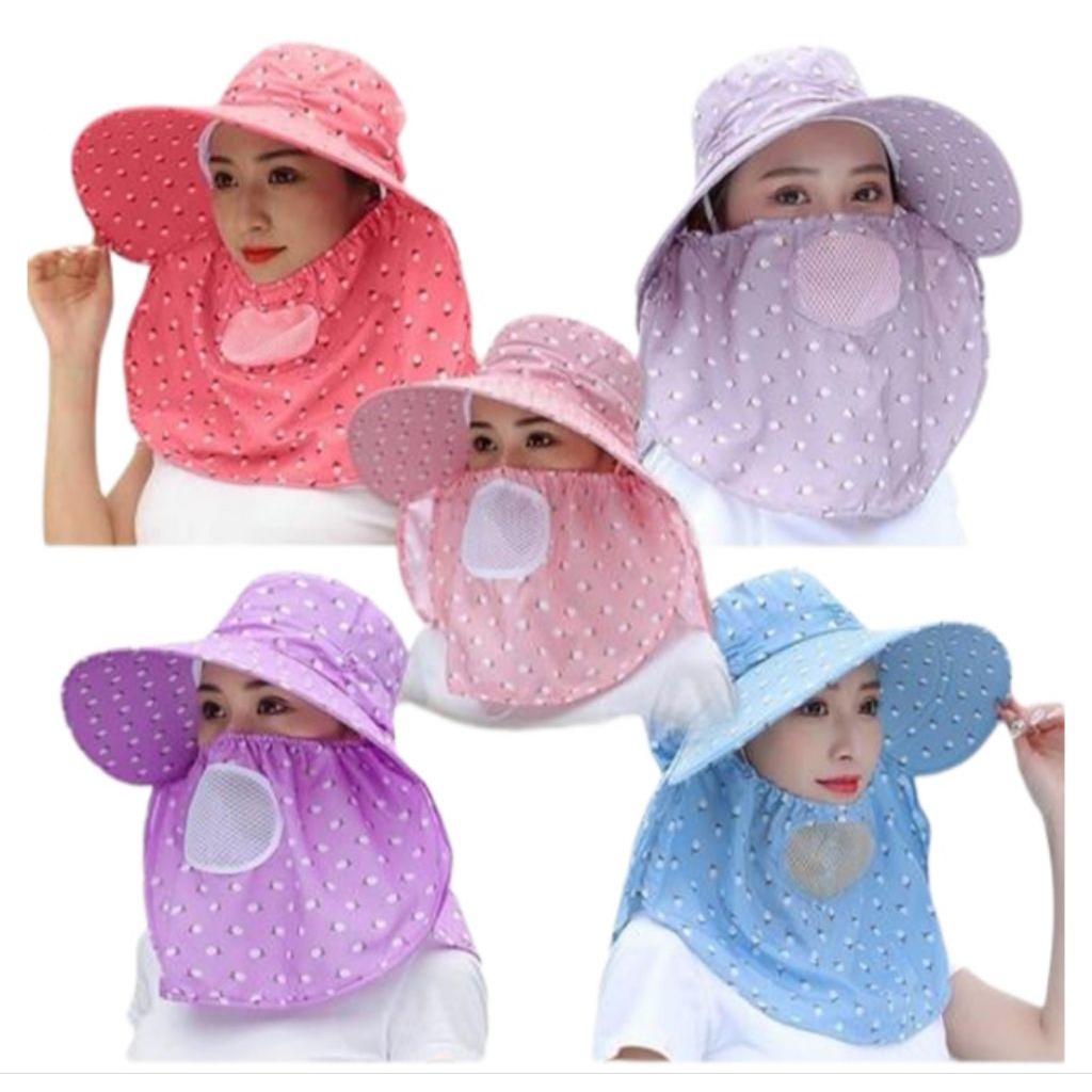 Topi Pelindung Matahari Musim Panas - Topi Tudung Visor Anti UV Motif Floral Bunga Masker Muka Outdo