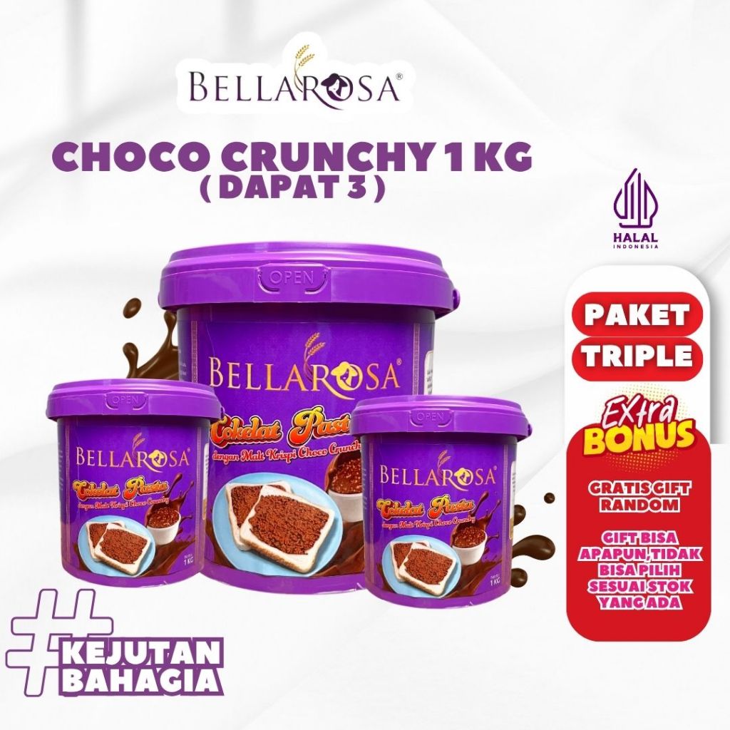 

[PAKET TRIPLE] BELLAROSA Selai Choco Pasta Crunchy Malt Krispi @1 kg per Jar x 3 + FREE GIFT